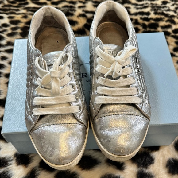 Prada Shoes - Prada Diagramme Quilted Low Top Sneakers Metallic Silver Leather Size 38.5